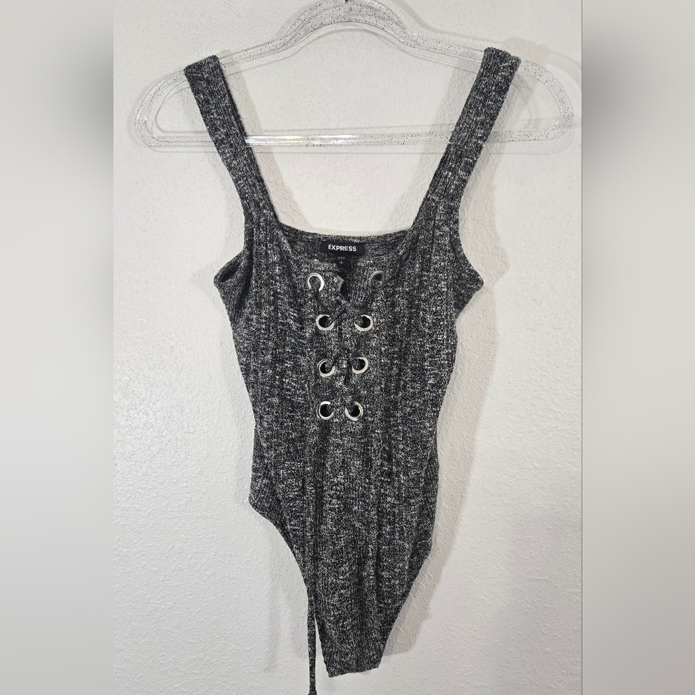 *NWT* Express Black/White Lace-Up Ribbed Bodysuit Festival Dark Academia Edgy, S